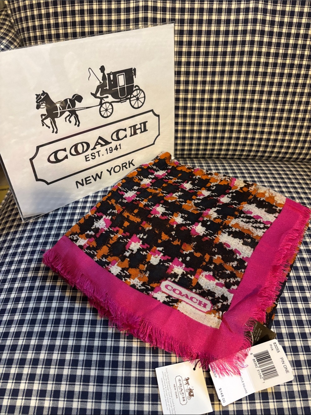 Coach Multicolor Houndstooth Scarf with Hot Pink Trim